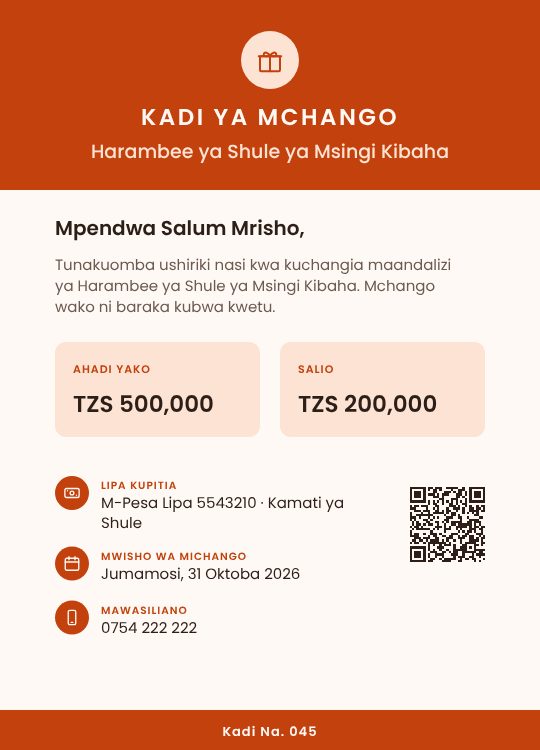 Contribution card for a harambee